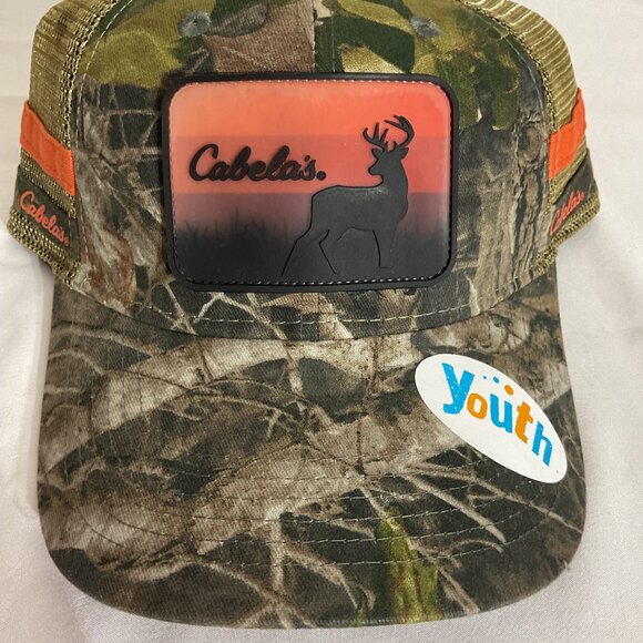 Cabelas Youth Camouflage & Orange Mesh Trucker Cap Adjustable Snapback - Picture 2 of 6